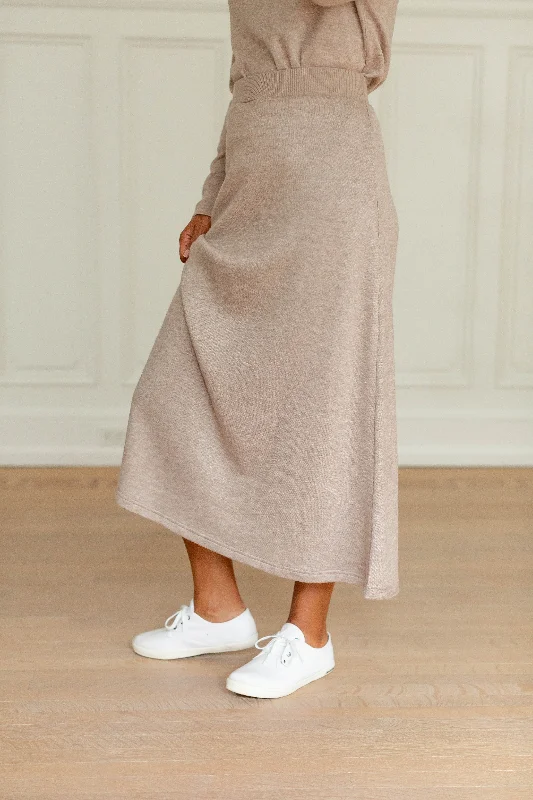 'Charlie' A-Line Knit Midi Skirt in Heathered Taupe