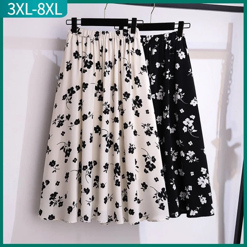 Women's Chiffon Pleated Fashion Designer Floral Skirts (Plus Size)