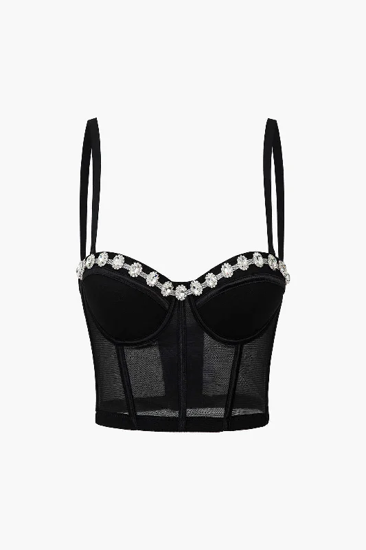 Rhinestone Trim Sheer Mesh Bustier Top