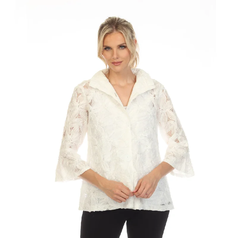 Damee  Beaded Floral Mesh Jacket in White - 2381-WT