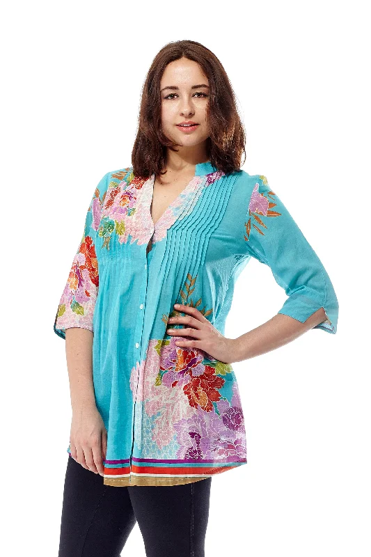 Floral Border Print Tunic with Release Pleats