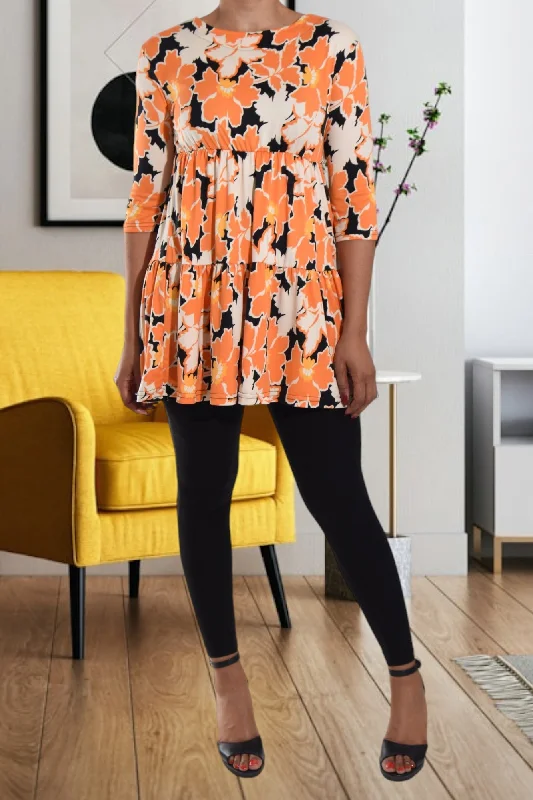 Black And Orange Printed Ruffle Dress Top