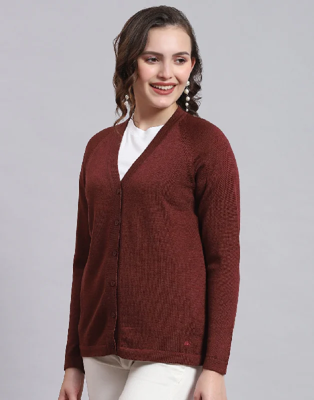 Women Maroon Solid V Neck Full Sleeve Sweater