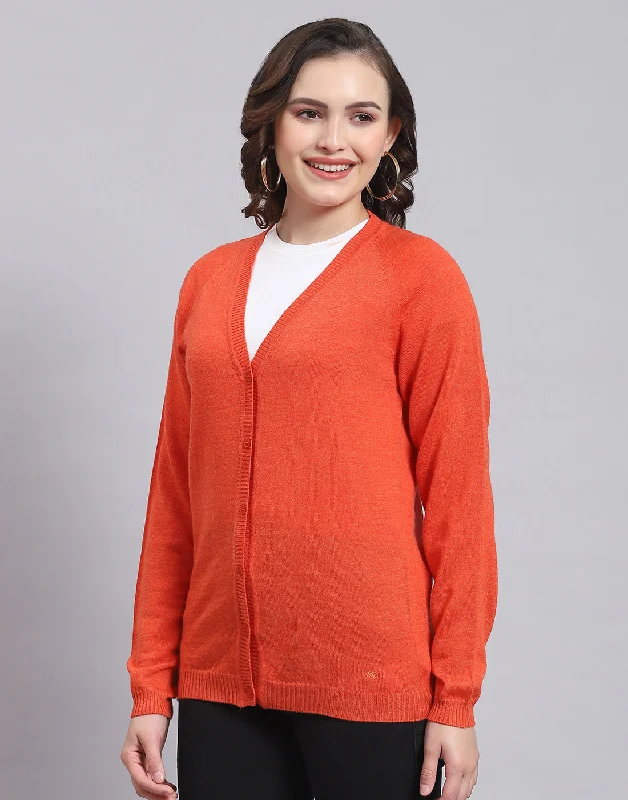 Women Orange Solid V Neck Full Sleeve Sweater