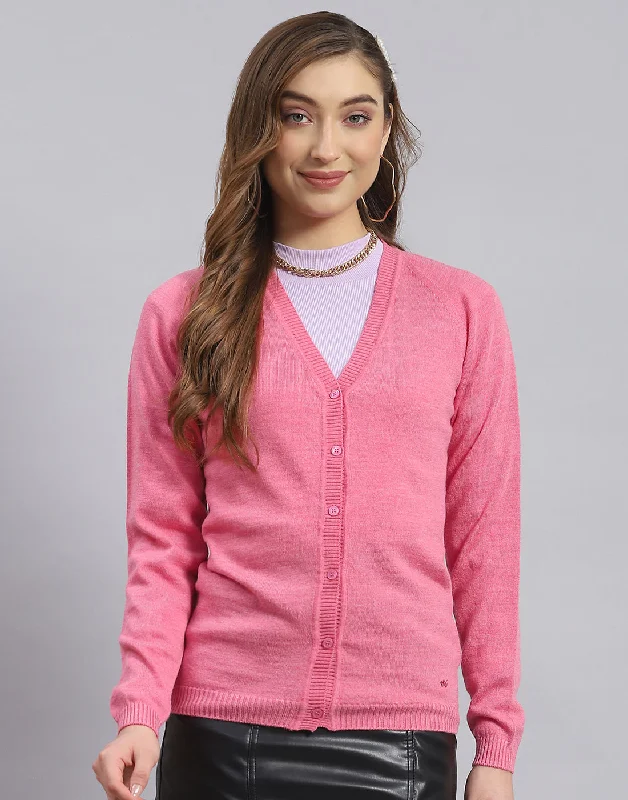 Women Pink Solid V Neck Full Sleeve Sweater