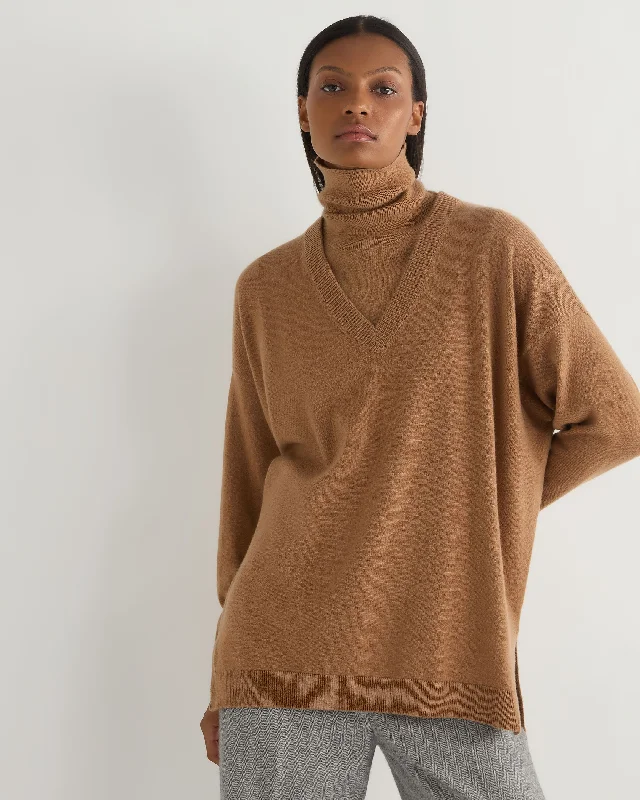 Women's Longline V Neck Cashmere Jumper Dark Camel Brown