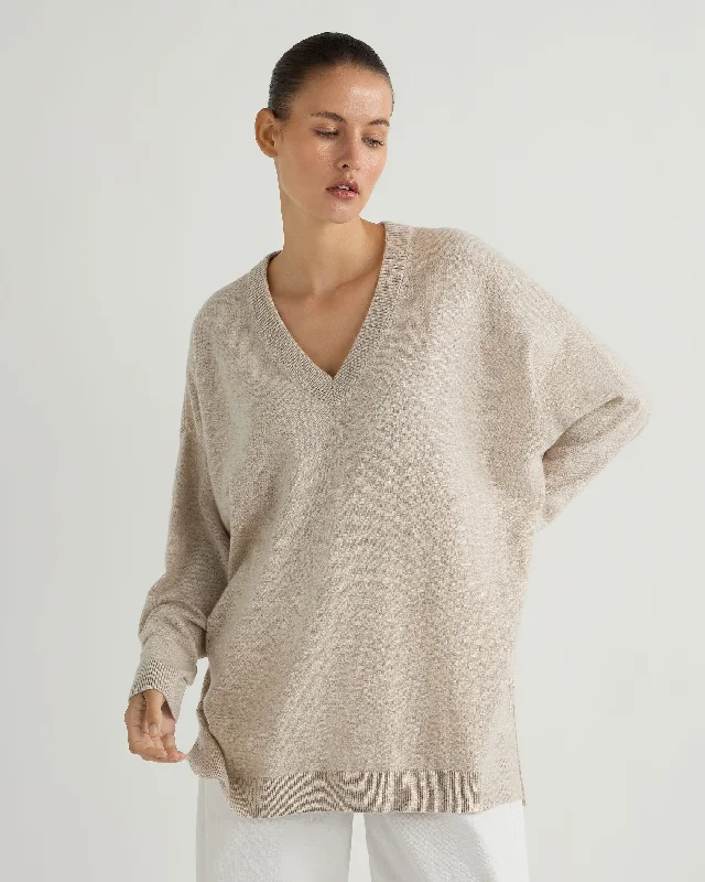 Women's Longline V Neck Cashmere Jumper Sand Brown