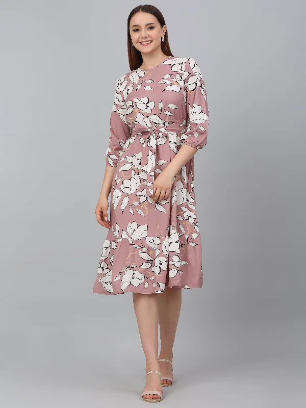 Women's Pink Printed Round Neck Casual Dress