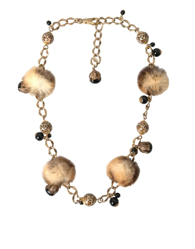 Dolce & Gabbana  Brass Leopard Fur ivory Collier Chain Women's Belt