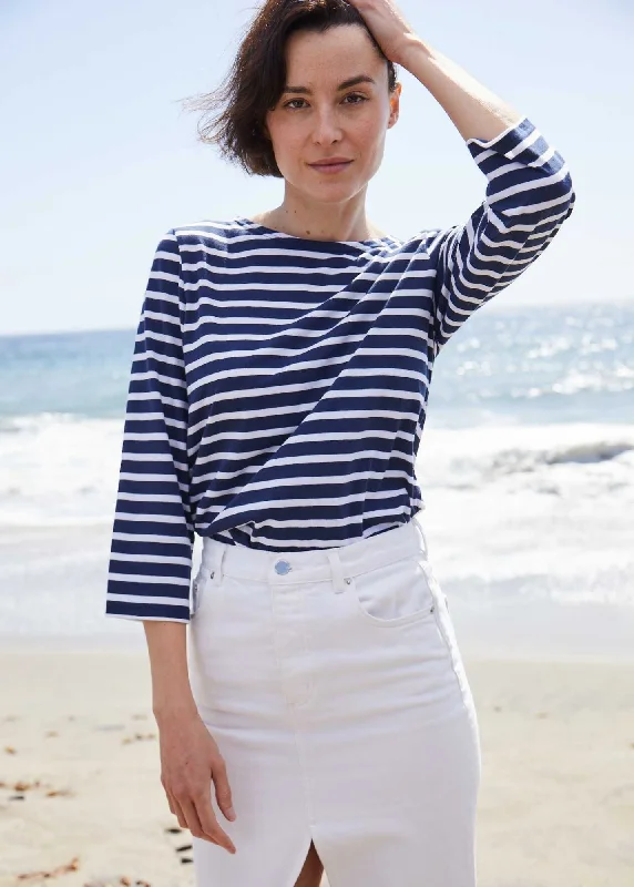 GALATHEE II - Breton Striped Top with ¾ Sleeve | Soft Cotton | Women Fit (NAVY / WHITE)