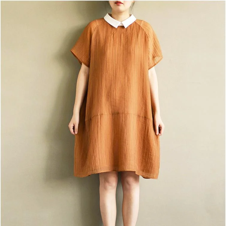 2017 brown patchwork chiffon sundress oversize layered casual dresses turn-down collar shift dress