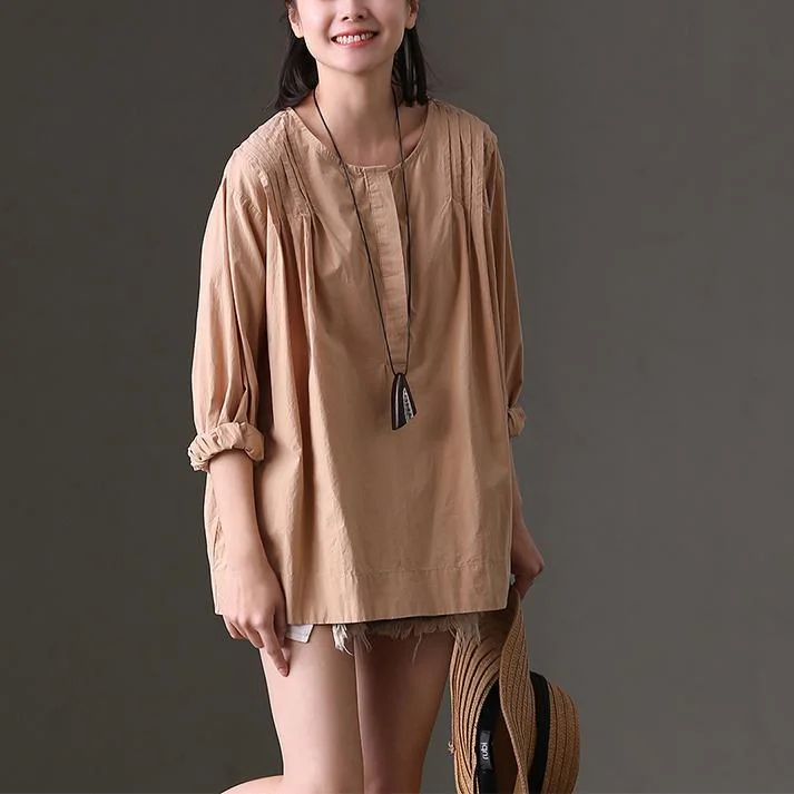 2018 khaki pure cotton tops casual cardigans wrinkled bracelet sleeved midi tops