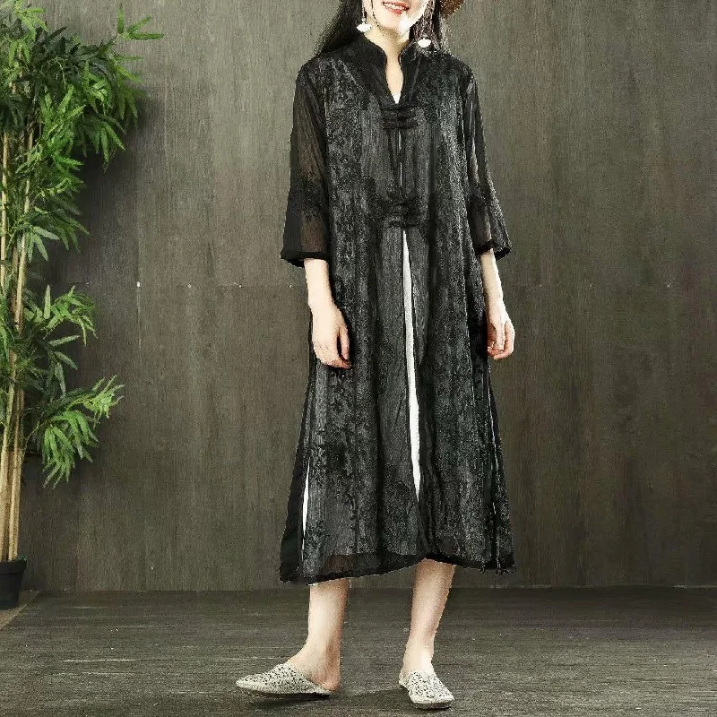 2019 black casual linen women's retro buckle in the long cardigan