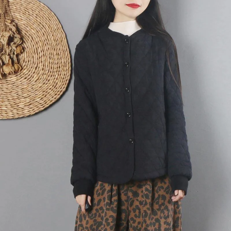 Art black cotton linen tops women blouses o neck Button Down thick winter tops