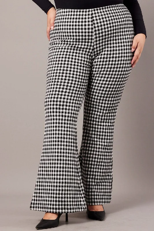 Black Check Flare Leg Pants High Rise