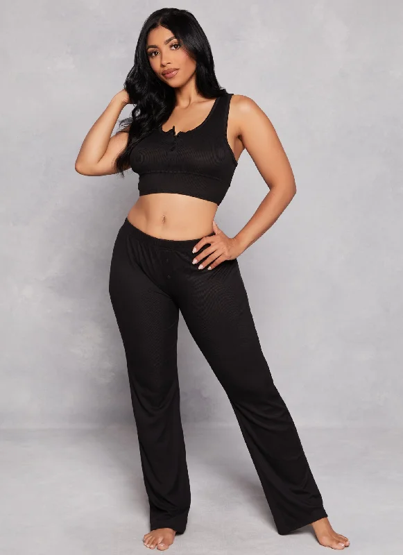 Ribbed Button Detail Pajama Bralette and Pants