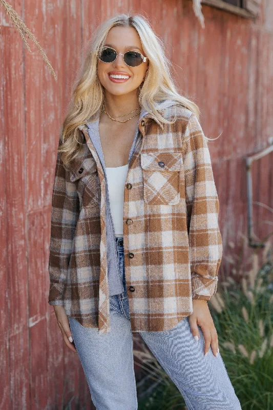 Brown Plaid Hooded Shacket