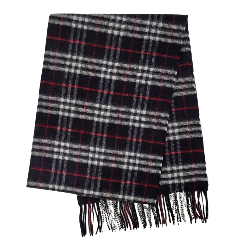 Burberry Navy Vintage Checker Cashmere Long Scarf with Fringe