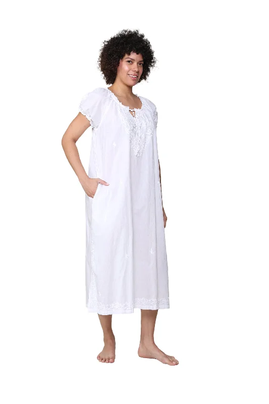 La Cera Embroidered Gathered Short Sleeve Gown