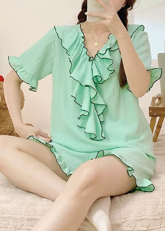 Light Green Patchwork Knitting Cotton Pajamas Two Pieces Set Ruffled Summer