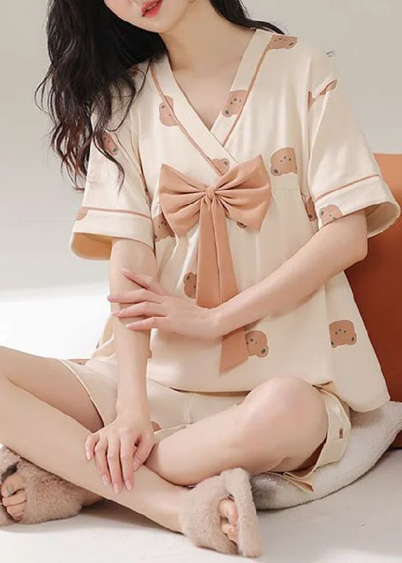 Organic Khaki V Neck Bow Patchwork Cotton Pajamas Two Pieces Set Summer