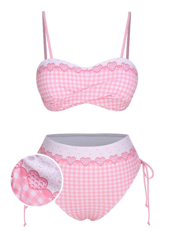 Pink 1950s Spaghetti Strap Heart Plaids Swimsuit