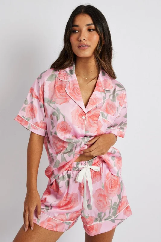 Pink Floral Pyjama Set Satin Short Sleeve Piping PJ