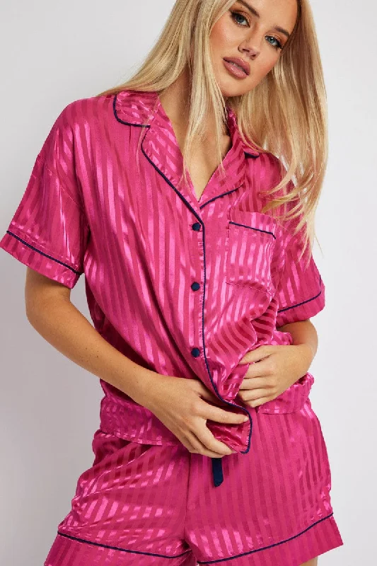 Pink Stripe Pyjama Set Stripe Satin Jacquard Navy Piping PJ