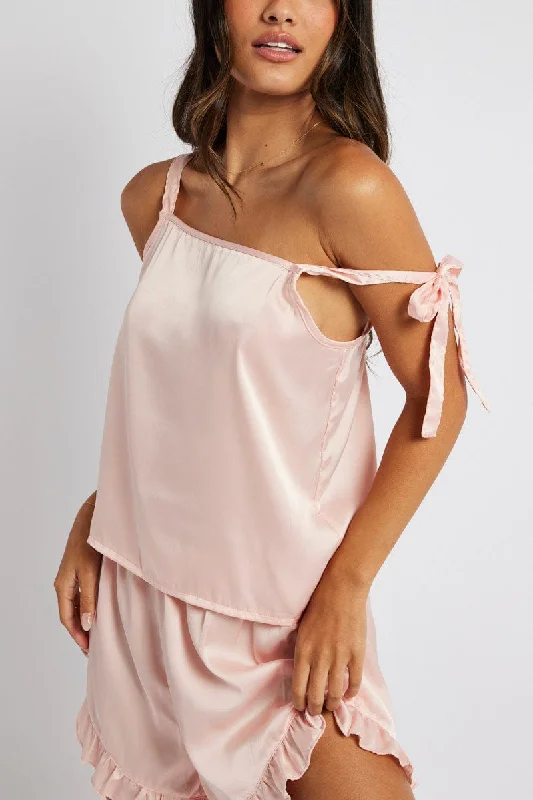 Pink Tie Shoulder PJ Ruffle Frill Pyjama Set