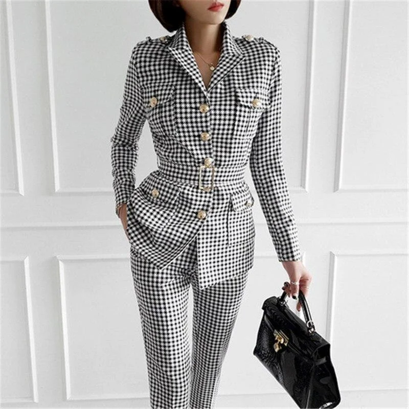 Plaid Women's Pants Suit, Slim Fit