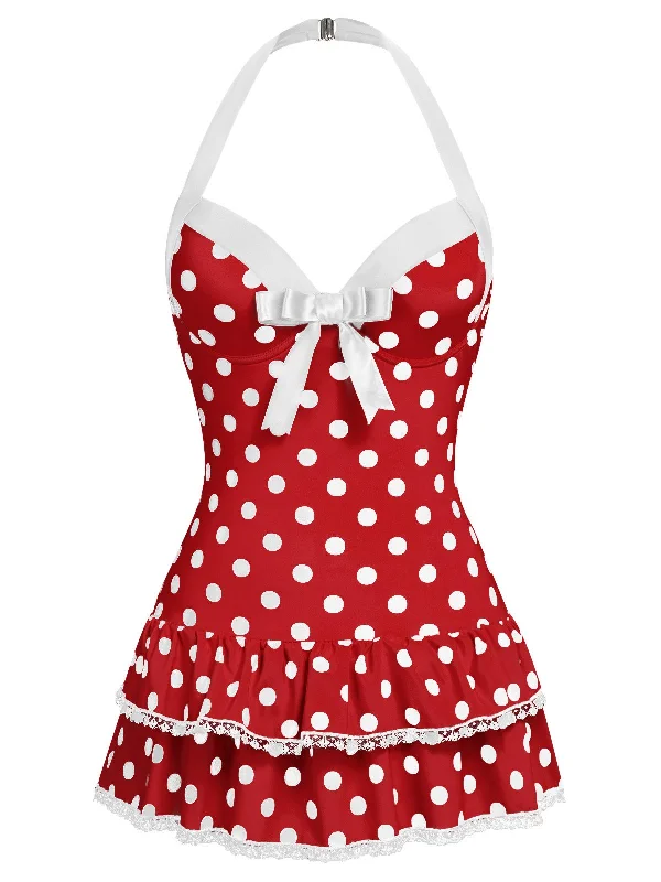 Red 1940s Polka Dots Halter One-Piece Swimsuit