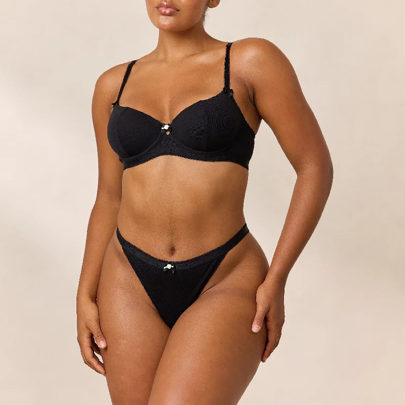 Rosebud Ribbed Balcony Bra - Black