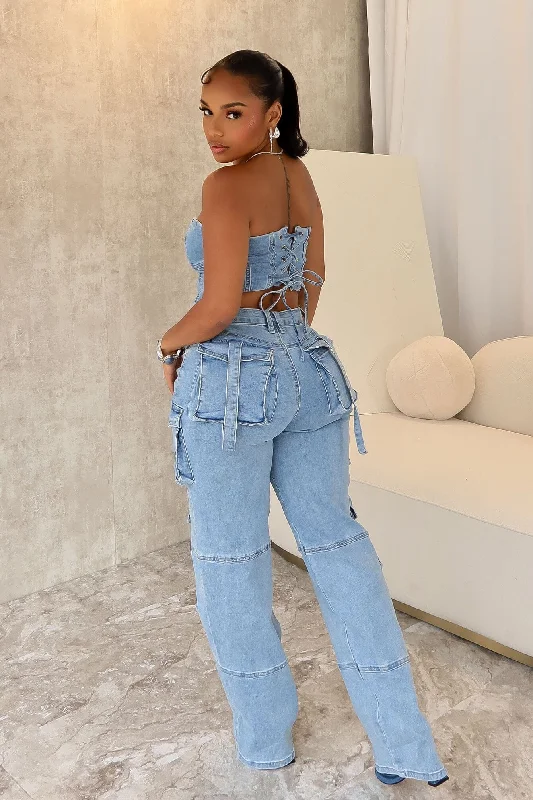 Thalia Denim Corset & Cargo Pants SET