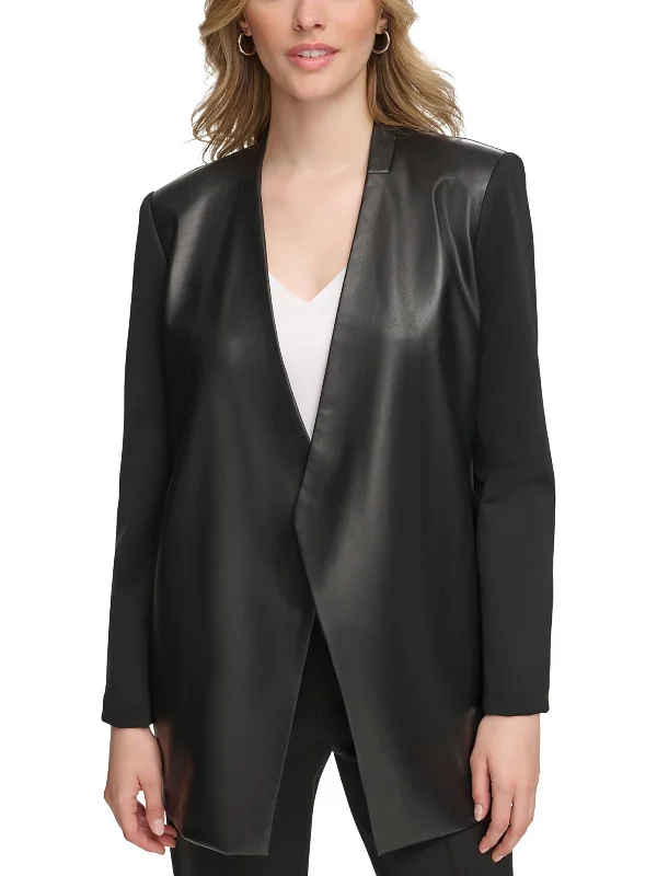 Womens Faux Leather Open-Front Blazer